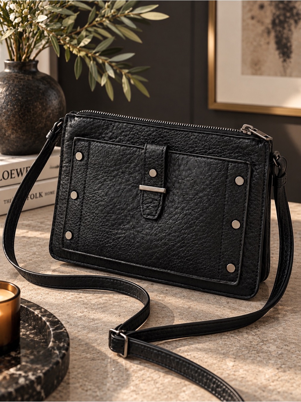 Isabelle Black Pebbled Studded Vegan Leather Crossbody Bag